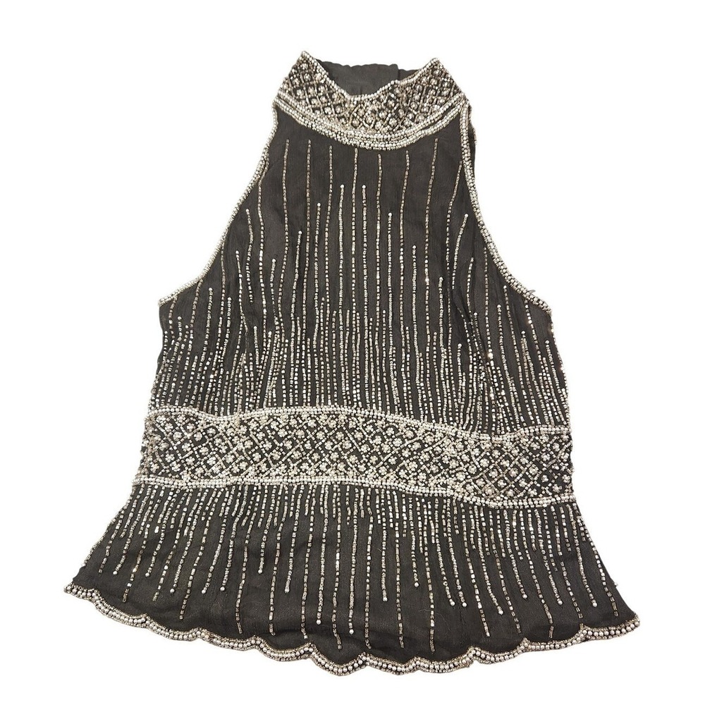 Vintage Papell Boutique Evening Silk Beaded Halter Top Womens Small Black Silver
